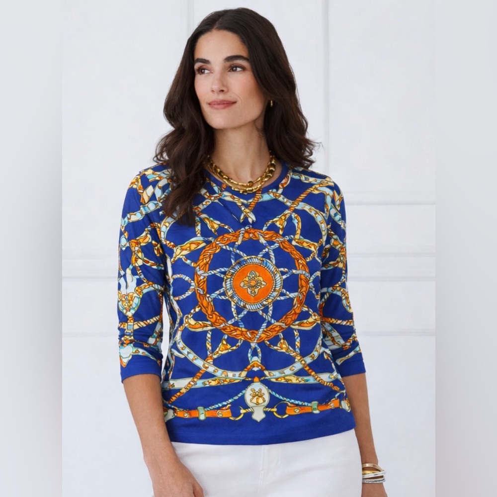Bright Blue Chain-Print Crew Neck Top